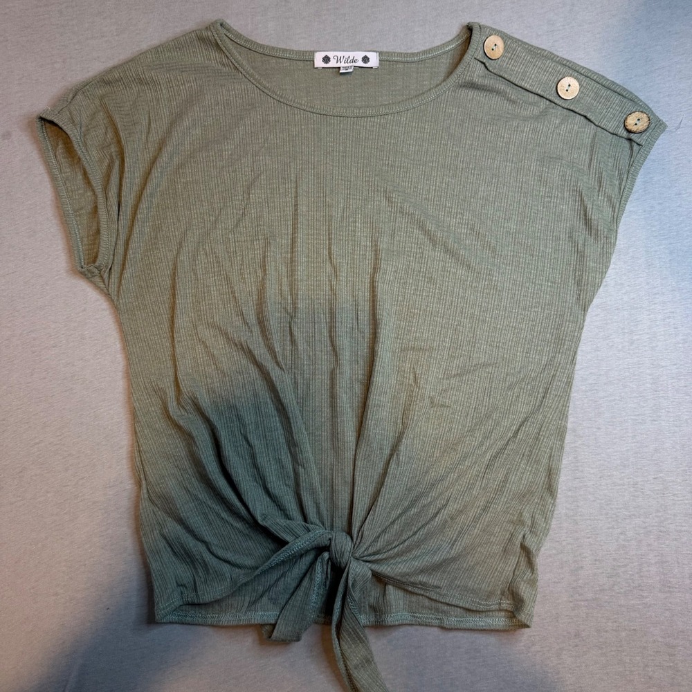 Wilde Womens Ribbed Tie Front Top Olive Green Button Shoulder Short Sleeve S